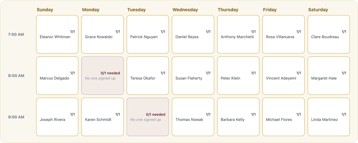 A parish's weekly adoration schedule, showing which hours are covered and which still need an adorer