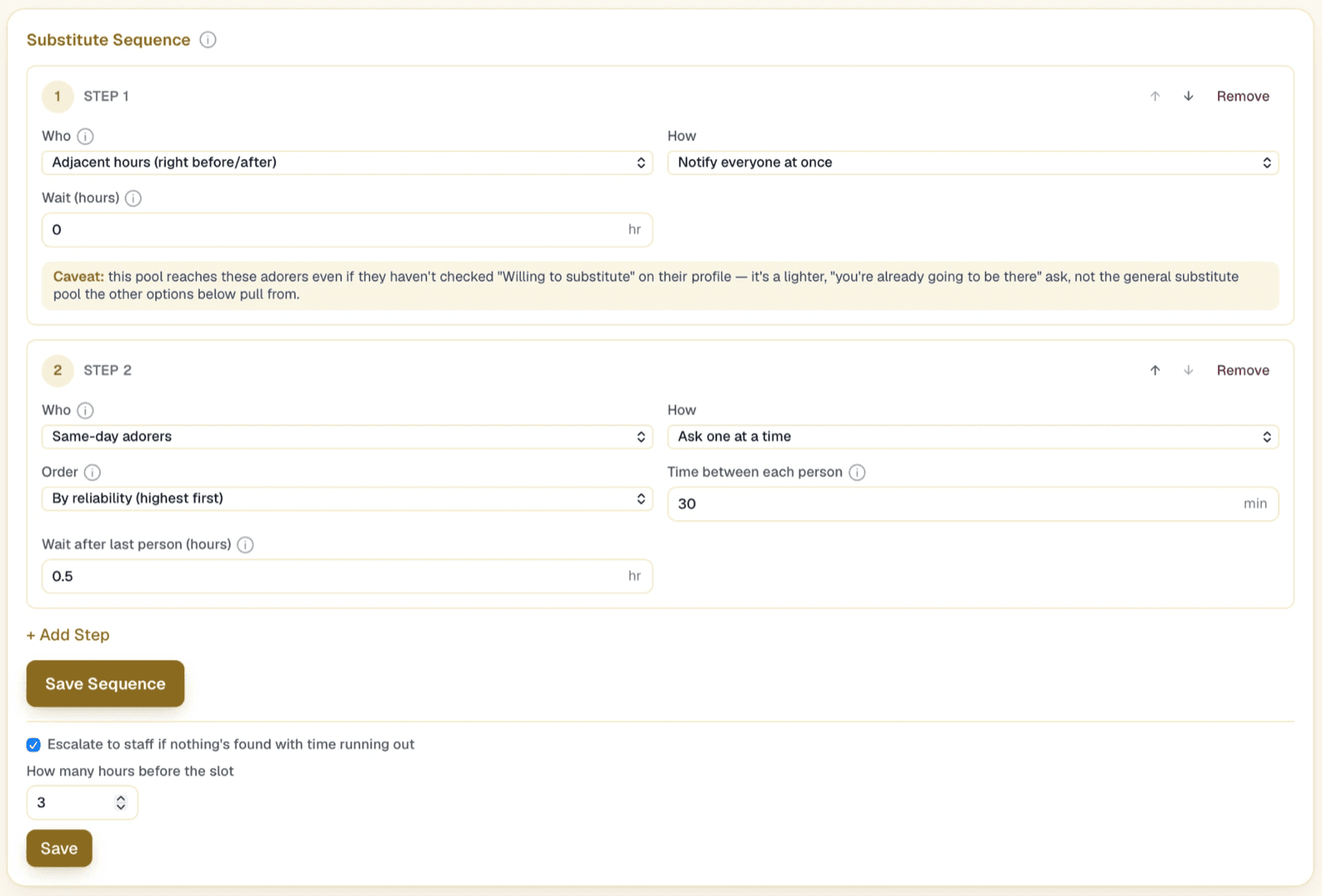 The Substitute Sequence settings, showing who gets notified and in what order when an hour needs coverage